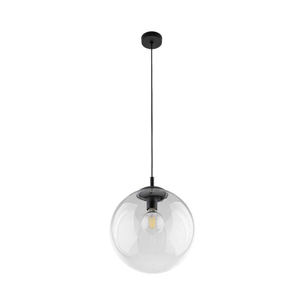 Lampa wisząca z przezroczystym, szklanym kloszem w kształcie kuli i czarnymi detalami. Wewnątrz klosza znajduje się żarówka LED.