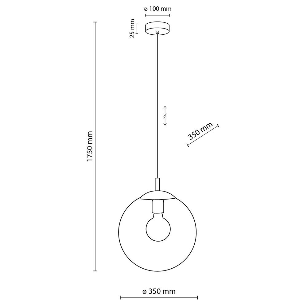 Schematyczny rysunek lampy wiszącej z okrągłym kloszem i żarówką wewnątrz. Wymiary: wysokość 1750 mm, średnica klosza 350 mm, średnica mocowania 100 mm, wysokość mocowania 25 mm.