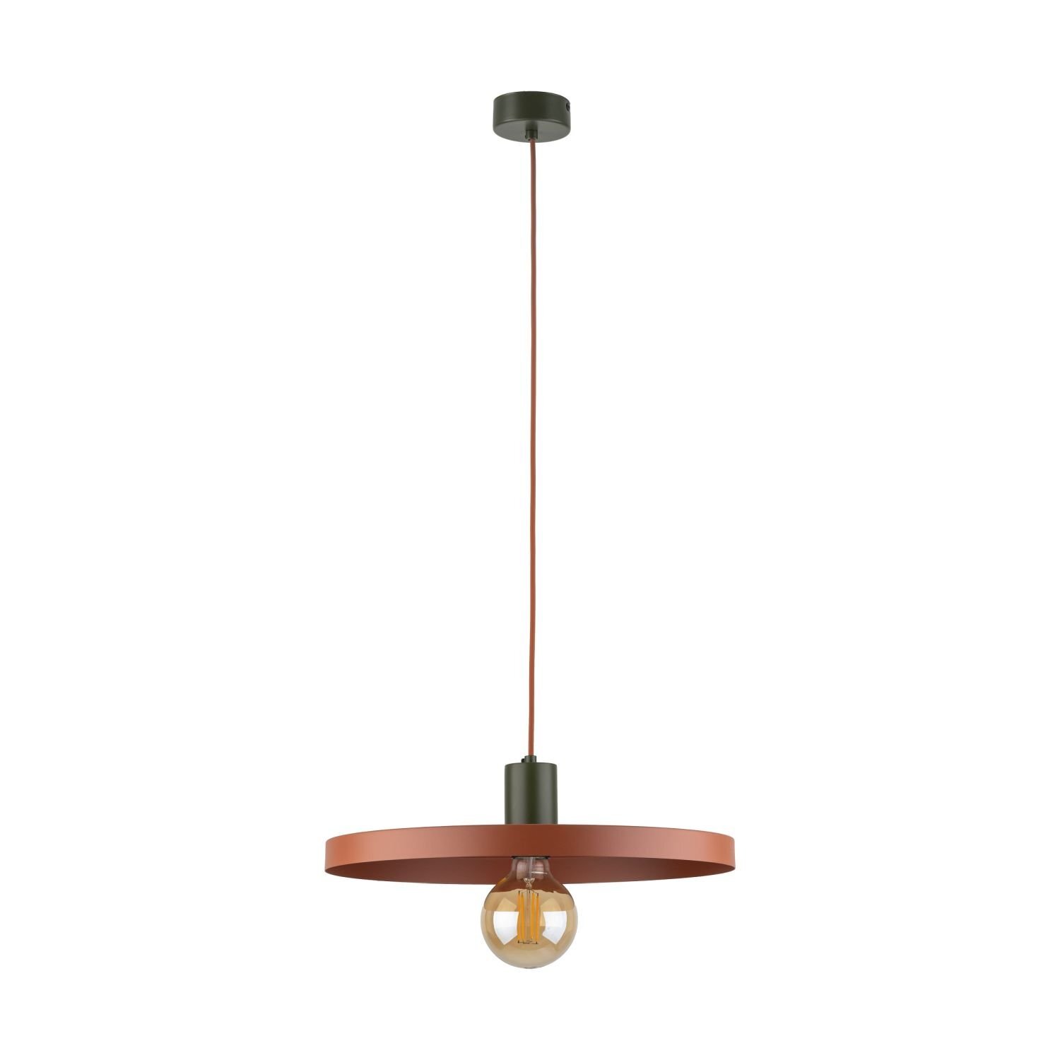 Lampa wisząca z metalowym kloszem w kolorze ceglastym, z widoczną żarówką E27. Posiada regulowaną wysokość zawieszenia na cienkim przewodzie.