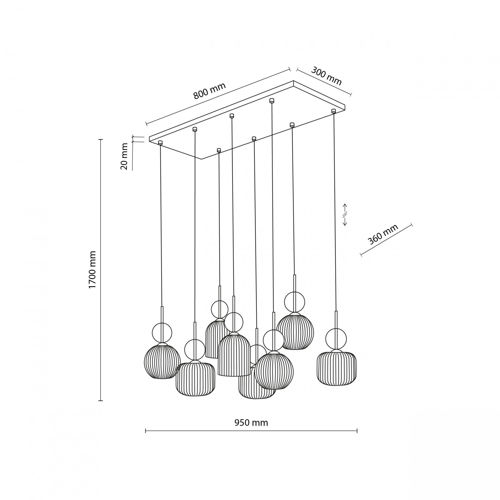Schemat lampy wiszącej z ośmioma szklanymi kloszami, każdy zawieszony na osobnym przewodzie. Wymiary: 800 mm x 300 mm x 20 mm (podstawa), 1700 mm (wysokość całkowita), 950 mm (szerokość), 360 mm (średnica klosza).