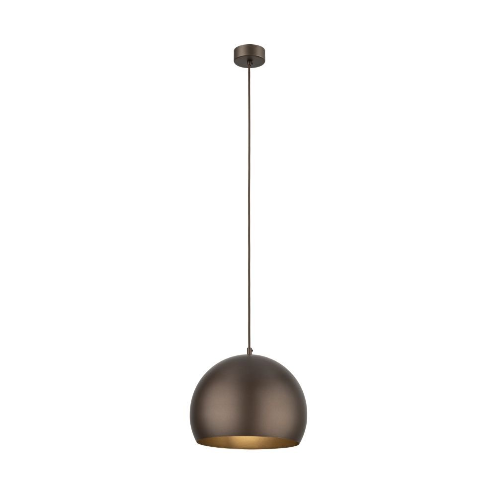 Brązowa lampa wisząca o kulistym kształcie z regulowanym przewodem. Lampa ma gładką powierzchnię i otwarty dół klosza.