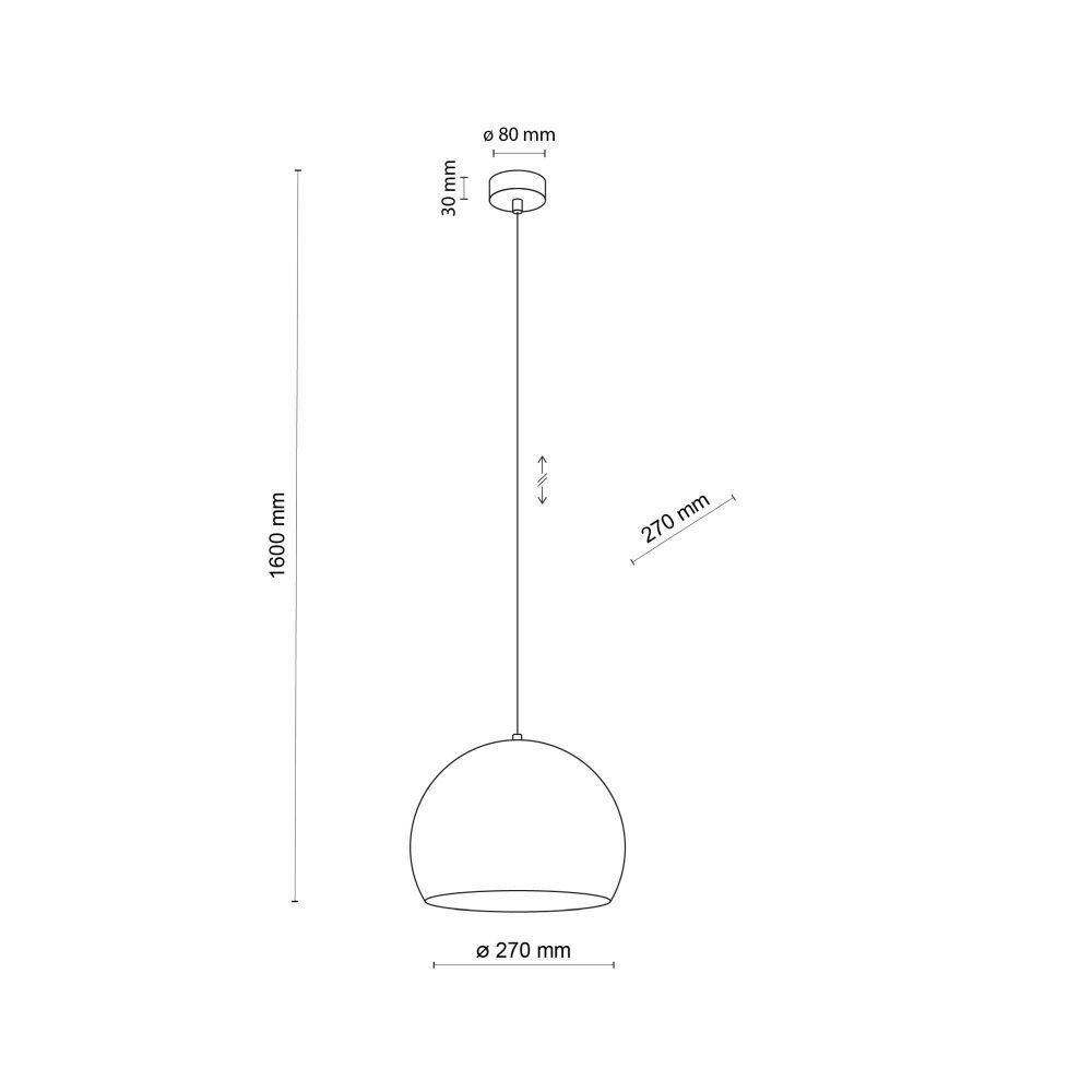 Schematyczny rysunek lampy wiszącej z wymiarami: wysokość regulowana do 1600 mm, średnica klosza 270 mm, średnica mocowania sufitowego 80 mm, wysokość mocowania 30 mm.