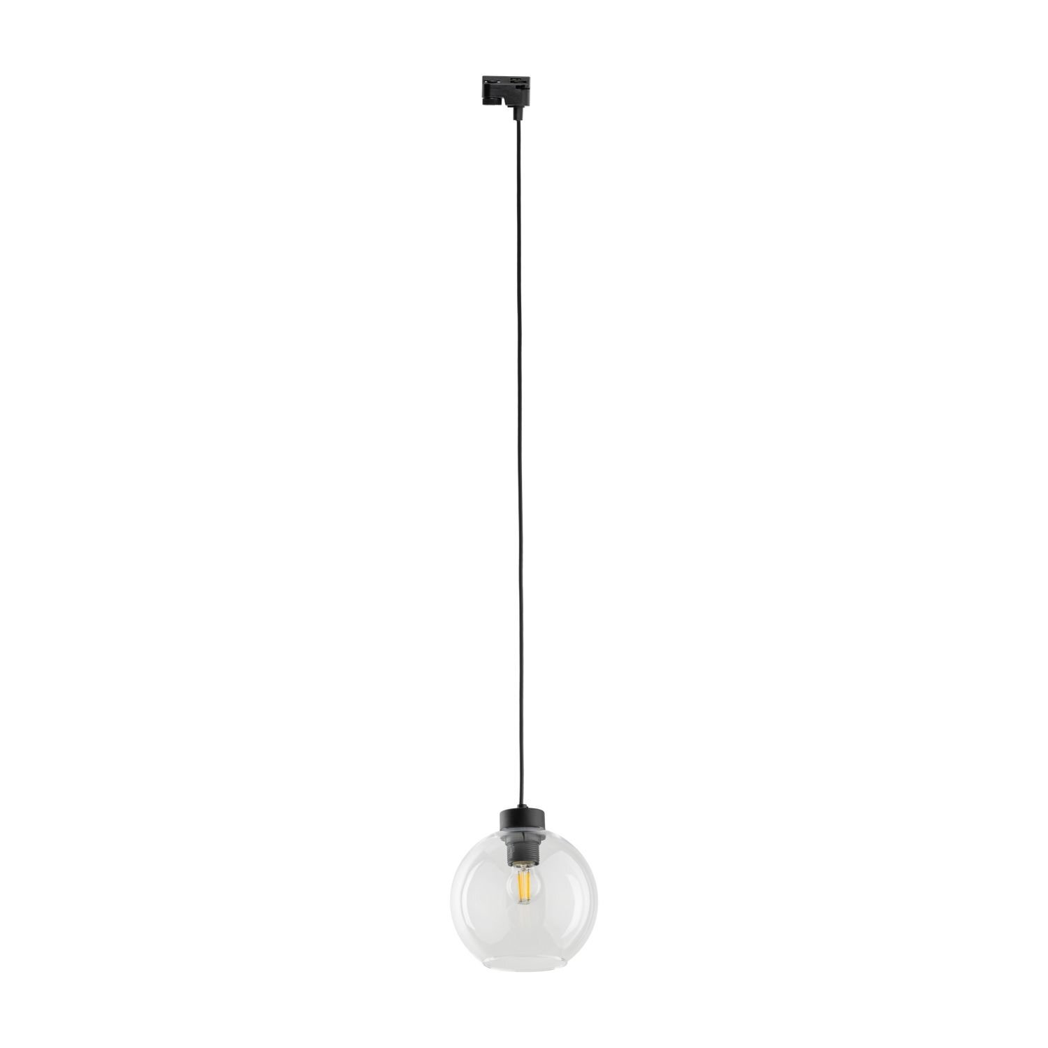 Lampa wisząca z przezroczystym, szklanym kloszem i czarnym przewodem. Żarówka widoczna wewnątrz klosza.