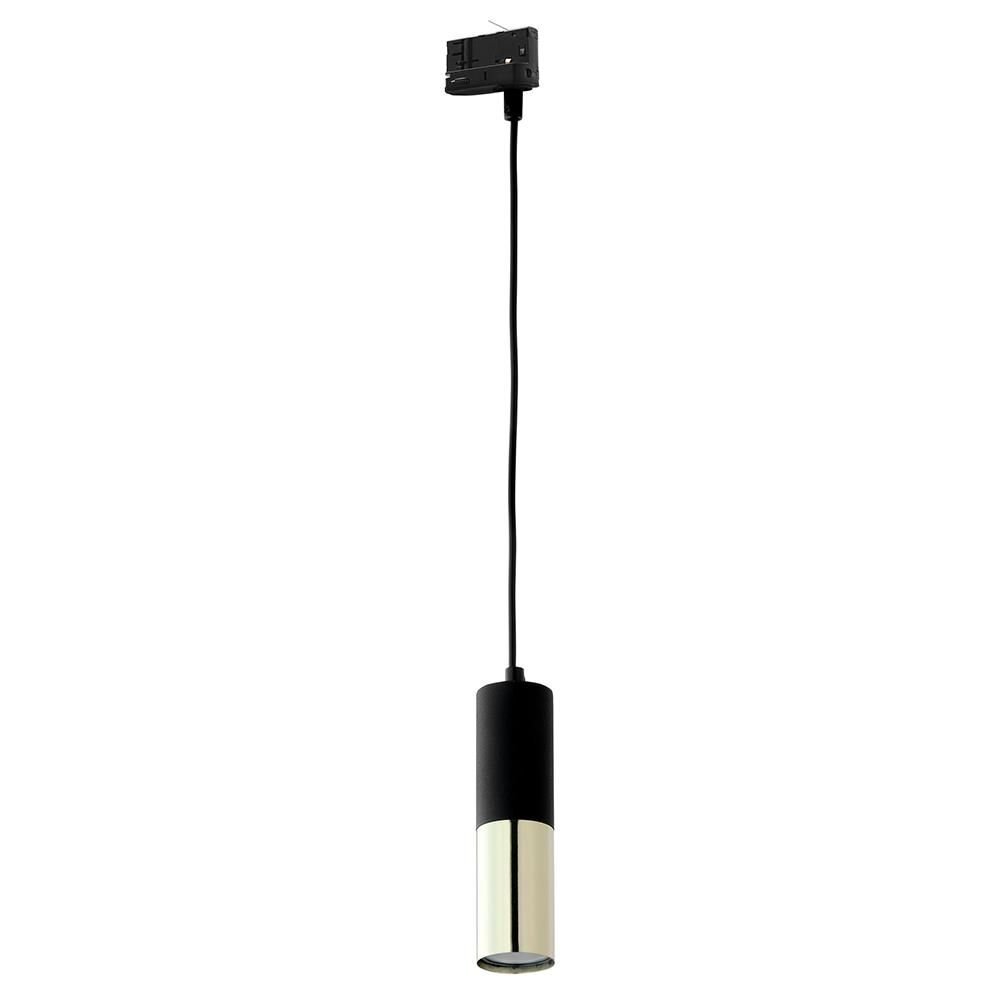 Czarno-złota lampa wisząca z cylindrycznym kloszem, zawieszona na czarnym przewodzie. Lampa posiada prostokątny element montażowy na końcu przewodu.