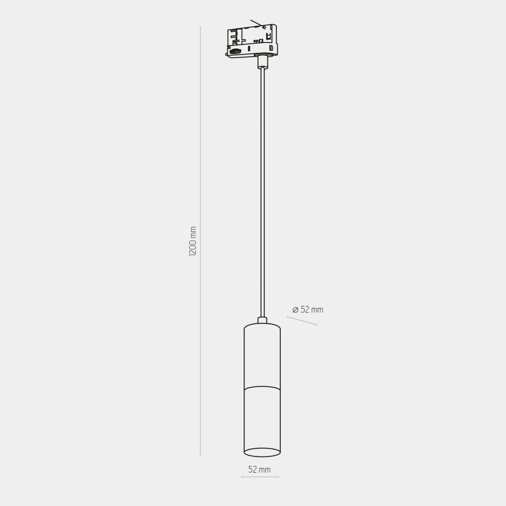 Schematyczny rysunek lampy wiszącej z oznaczeniami wymiarów: wysokość 1200 mm i średnica 52 mm. Lampa ma cylindryczny kształt i jest podłączona do szyny sufitowej.