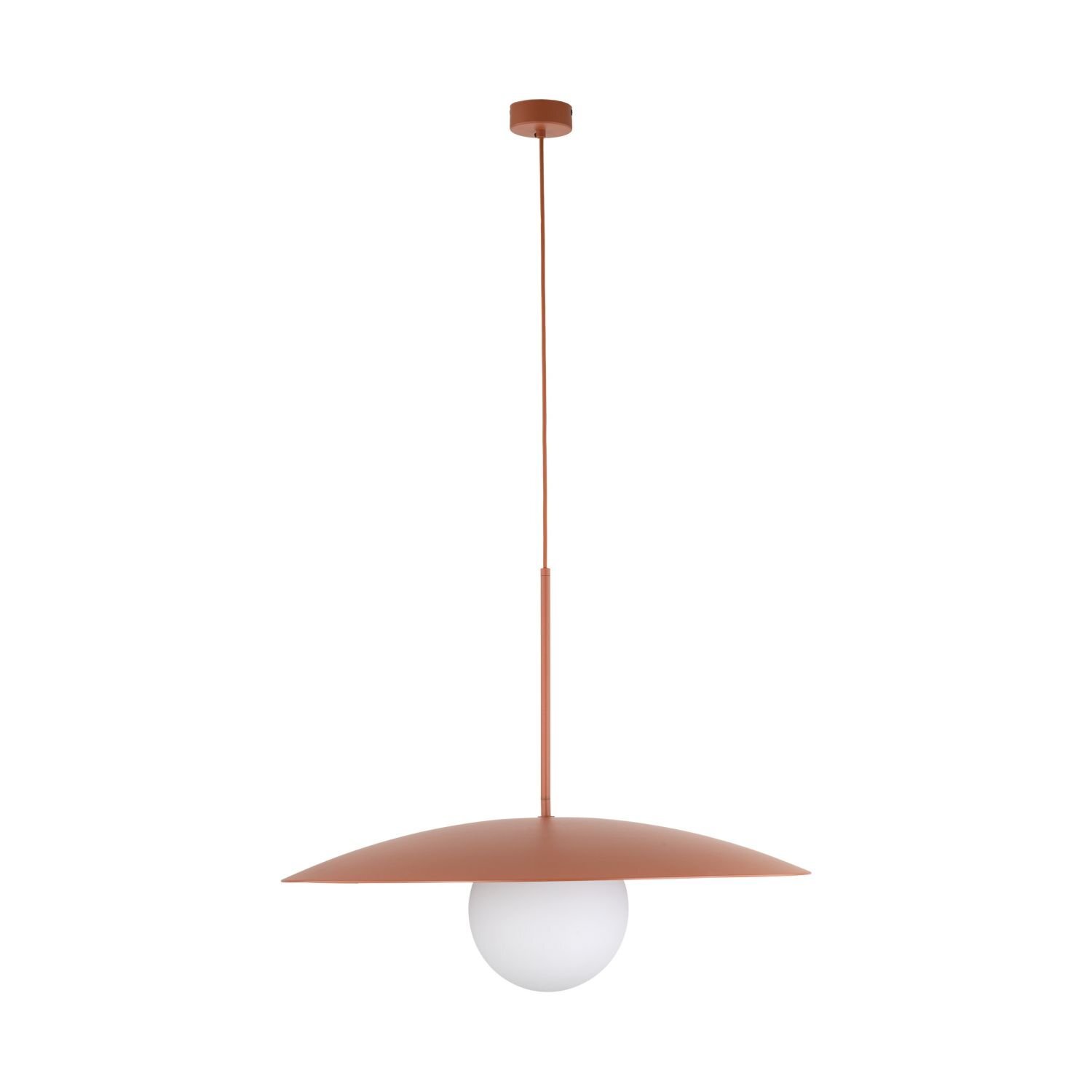 Lampa wisząca z ceglastym kloszem w kształcie dysku i białą kulistą żarówką. Posiada regulację wysokości i prosty, nowoczesny design.