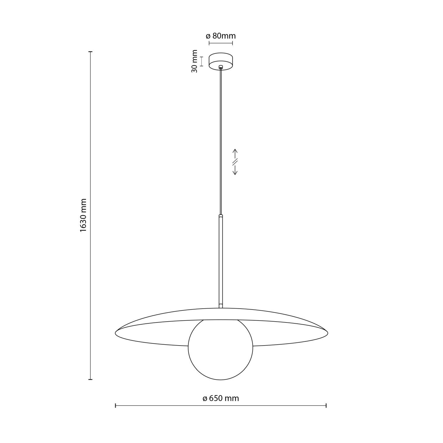 Schematyczny rysunek lampy wiszącej z okrągłym kloszem i regulowaną wysokością. Wymiary: wysokość 1630 mm, średnica klosza 650 mm, średnica mocowania 80 mm.