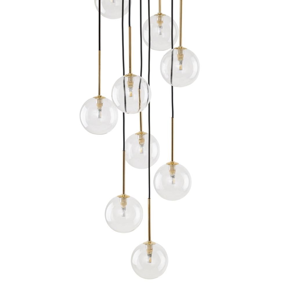 Lampa wisząca z dziesięcioma przezroczystymi kulistymi kloszami, zawieszonymi na czarnych przewodach z elementami w kolorze złotym. Klosze są rozmieszczone na różnych wysokościach, tworząc nowoczesny design.