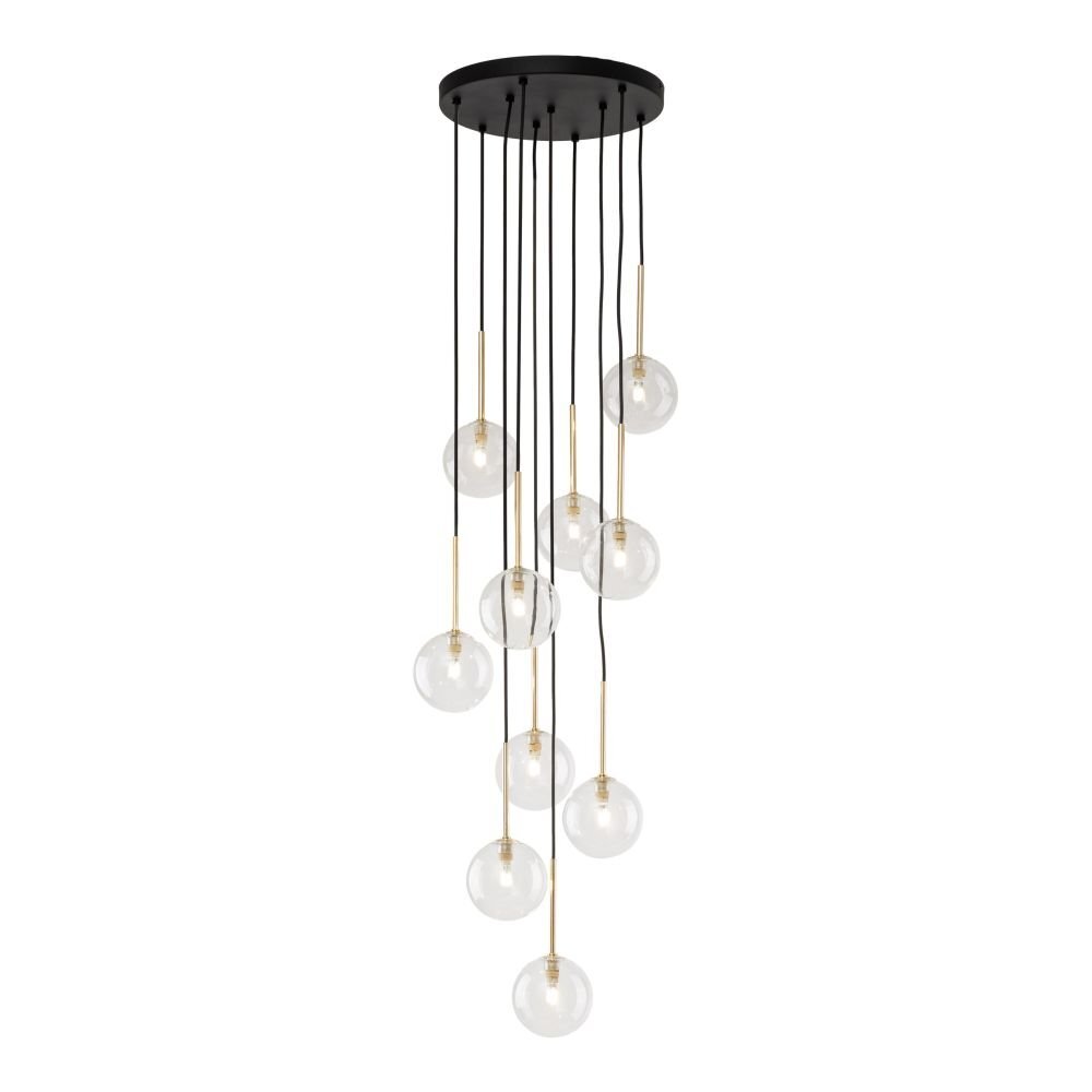 Lampa wisząca z czarną, okrągłą podstawą i dziesięcioma przezroczystymi kloszami na złotych uchwytach. Klosze są zawieszone na czarnych przewodach o regulowanej długości.