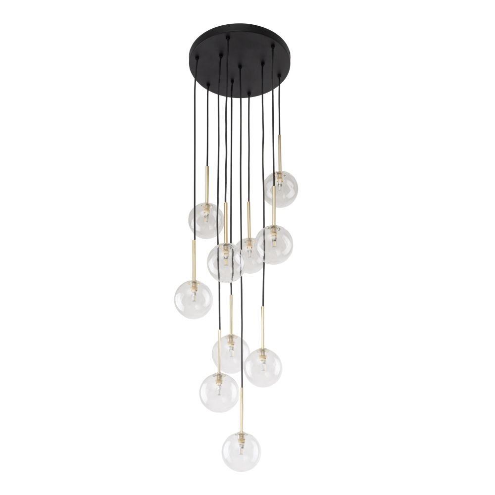 Lampa wisząca z czarną podstawą i dziesięcioma przezroczystymi kloszami na czarnych przewodach z elementami złotymi. Klosze są rozmieszczone na różnych wysokościach, tworząc nowoczesny design.