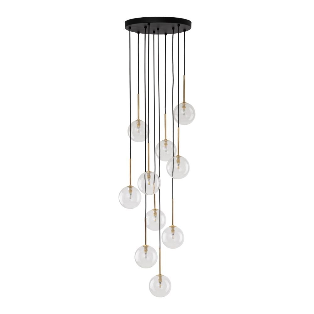 Lampa wisząca z czarną podstawą i dziesięcioma przezroczystymi kloszami na złotych uchwytach. Klosze są zawieszone na czarnych przewodach o regulowanej długości.