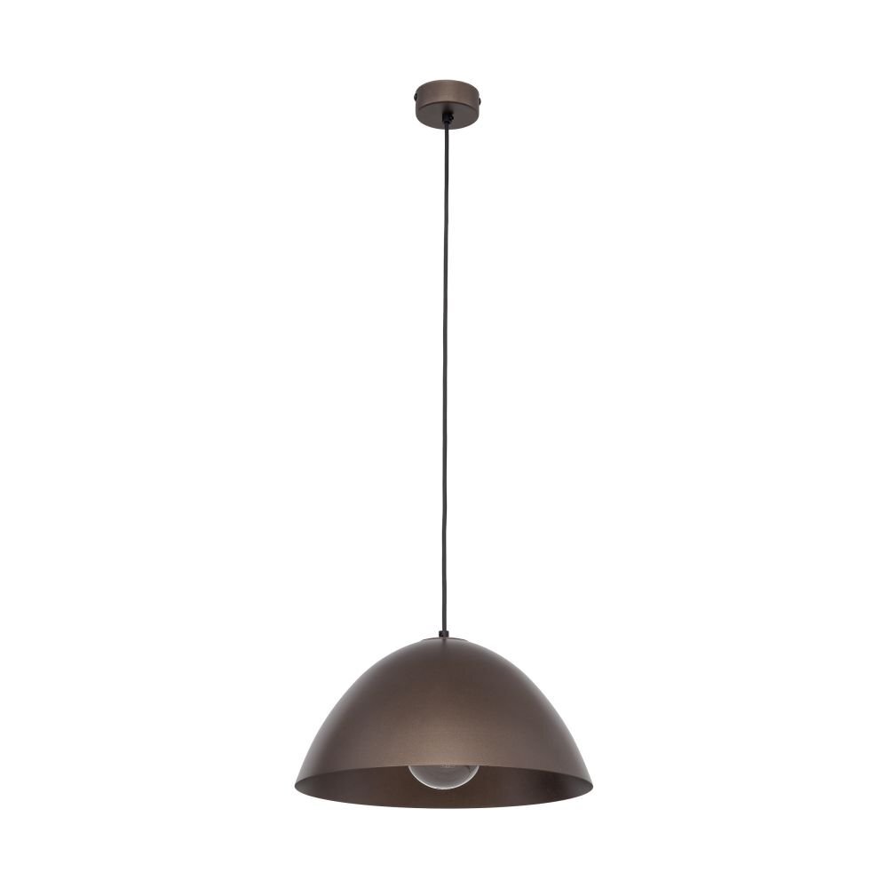 Brązowa lampa wisząca o półkulistym kloszu, zawieszona na czarnym przewodzie. Klosz wykonany z lakierowanej stali, z widoczną żarówką wewnątrz.
