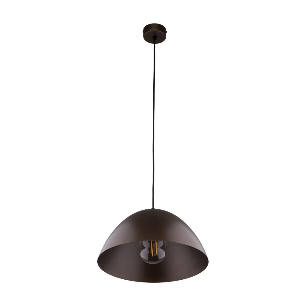 Brązowa lampa wisząca z metalowym kloszem w kształcie stożka, zawieszona na czarnym przewodzie. Wewnątrz klosza widoczna jest oprawka na żarówkę.