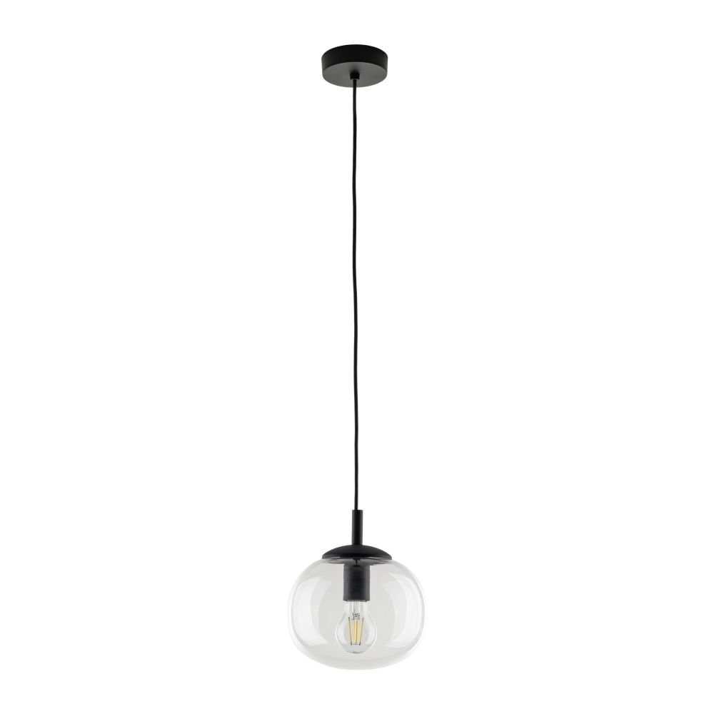 Czarna lampa wisząca z przezroczystym szklanym kloszem i widoczną żarówką wewnątrz. Lampa zawieszona jest na cienkim przewodzie z okrągłą podsufitką.