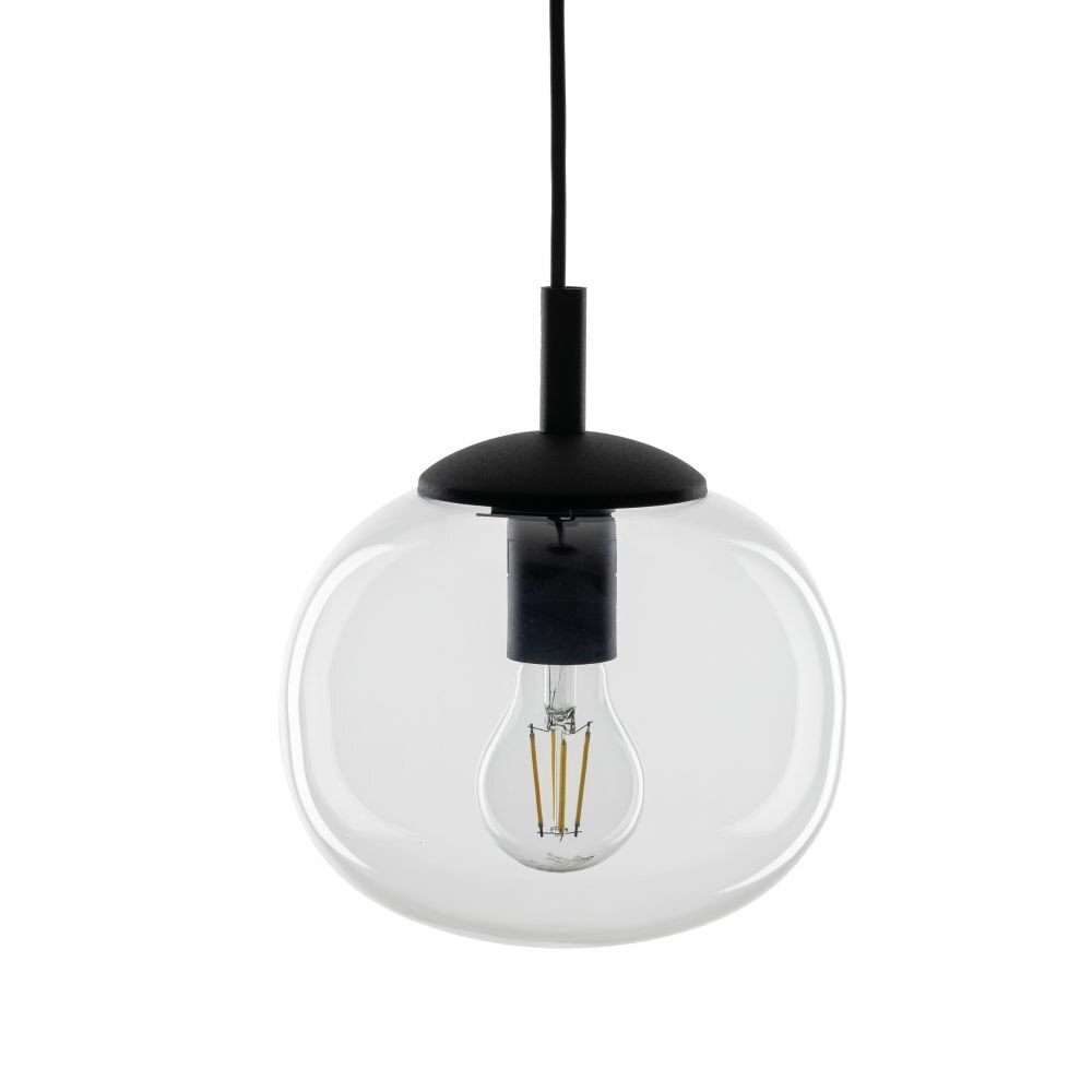 Lampa wisząca z czarnym mocowaniem i przezroczystym, szklanym kloszem, wewnątrz którego znajduje się żarówka. Kabel jest czarny, a całość ma nowoczesny design.
