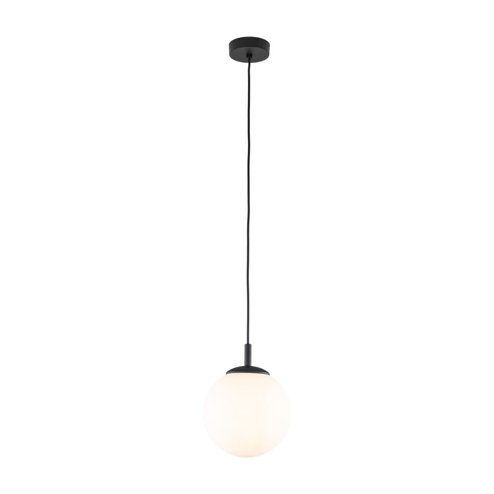 Na obrazie widoczna jest lampa wisząca z białym, kulistym kloszem i czarnym przewodem. Lampa ma prosty, nowoczesny design.