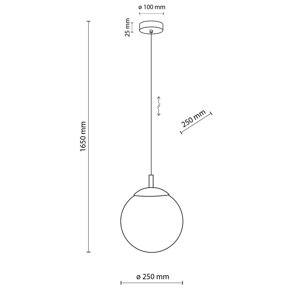 Schematyczny rysunek lampy wiszącej z okrągłym kloszem o średnicy 250 mm i regulowaną wysokością. Wymiary: całkowita wysokość 1650 mm, średnica mocowania sufitowego 100 mm, wysokość mocowania 25 mm.