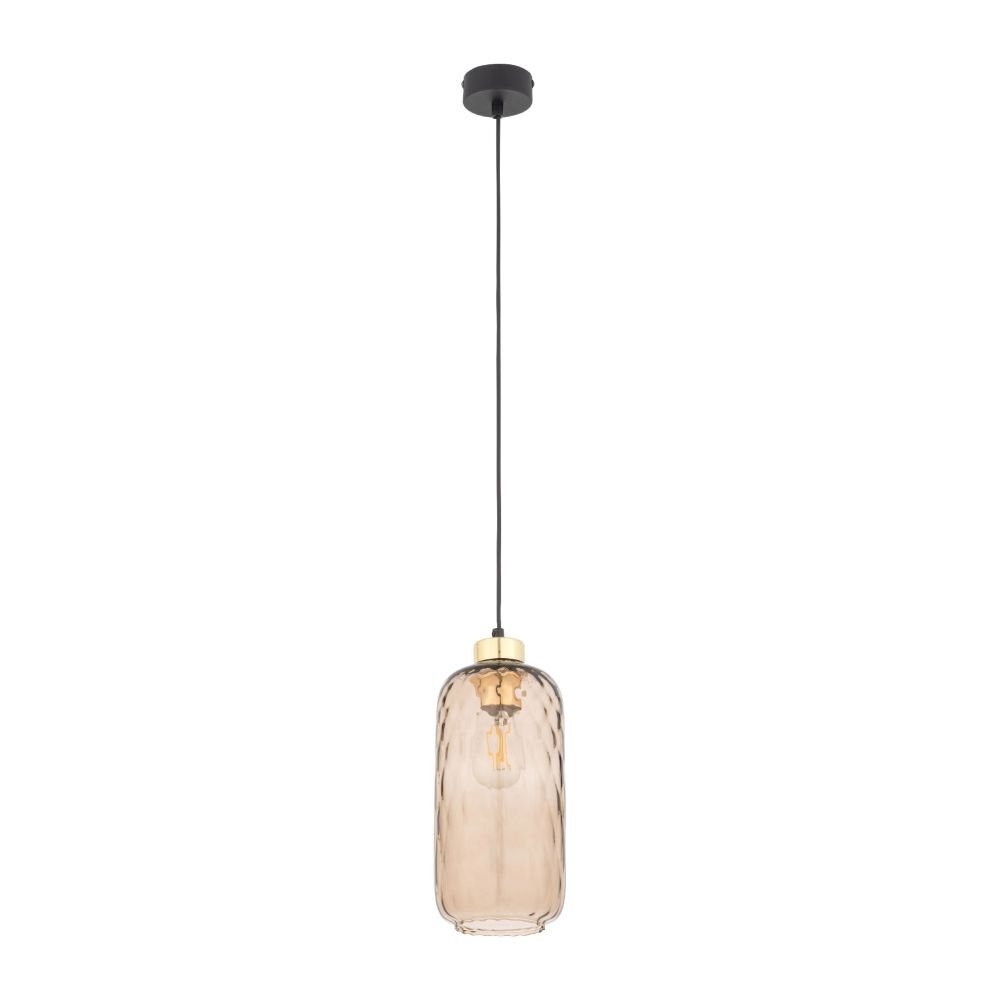 Lampa wisząca z czarnym przewodem i złoto-bursztynowym szklanym kloszem o cylindrycznym kształcie. Klosz zawieszony jest na czarnym mocowaniu sufitowym.