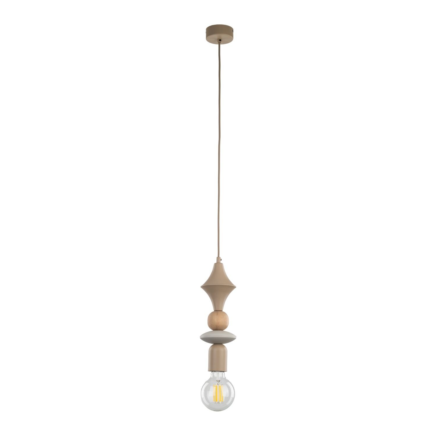 Lampa wisząca w kolorze beżowym z dekoracyjnymi elementami w kształcie stożka i kuli, zakończona żarówką. Kabel jest długi, umożliwiający regulację wysokości.