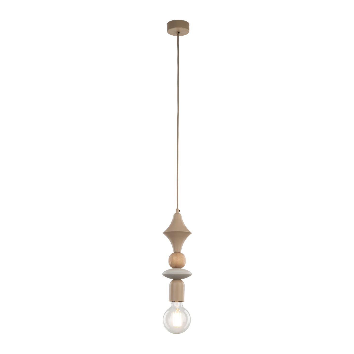Na obrazie widoczna jest wisząca lampa w kolorze beżowym z dekoracyjnymi elementami w kształcie cylindrów i kul. Lampa zakończona jest żarówką, a całość zawieszona jest na cienkim przewodzie.