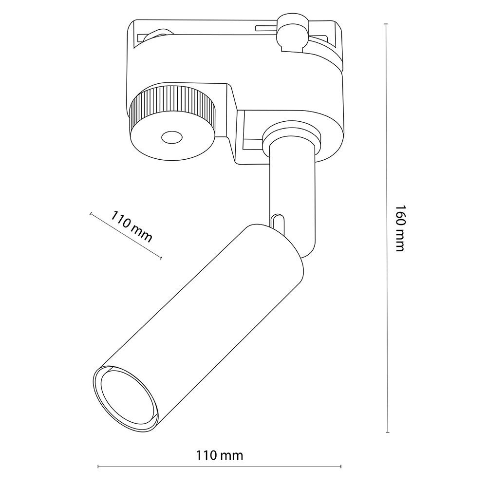 Schematyczny rysunek reflektora szynowego z wymiarami 110 mm i 160 mm. Reflektor ma cylindryczny kształt i jest zamocowany na regulowanym uchwycie.
