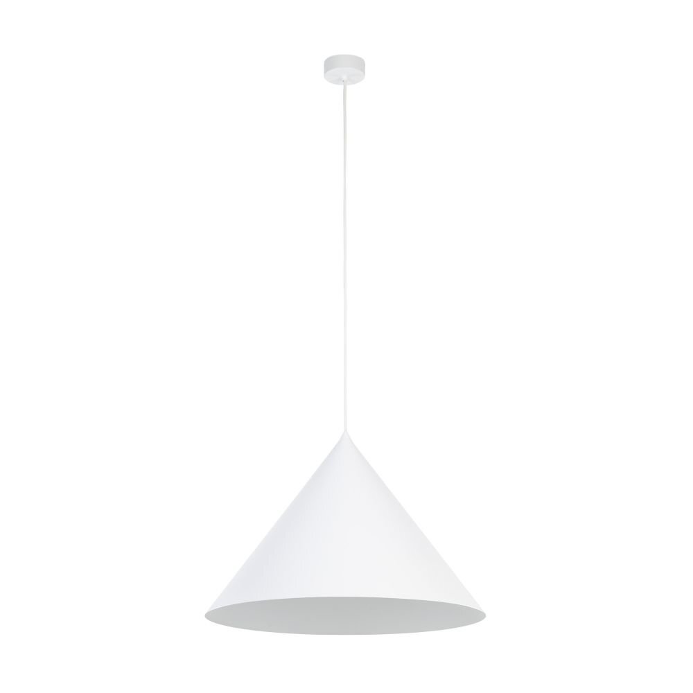 Biała lampa wisząca o stożkowym kształcie z regulowanym przewodem. Lampa ma prosty, nowoczesny design.