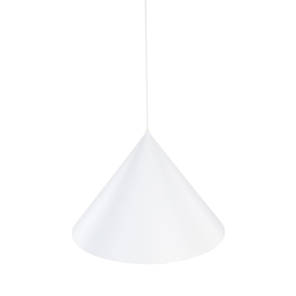 Biała lampa wisząca w kształcie stożka z regulowanym przewodem. Lampa ma gładką powierzchnię i nowoczesny design.