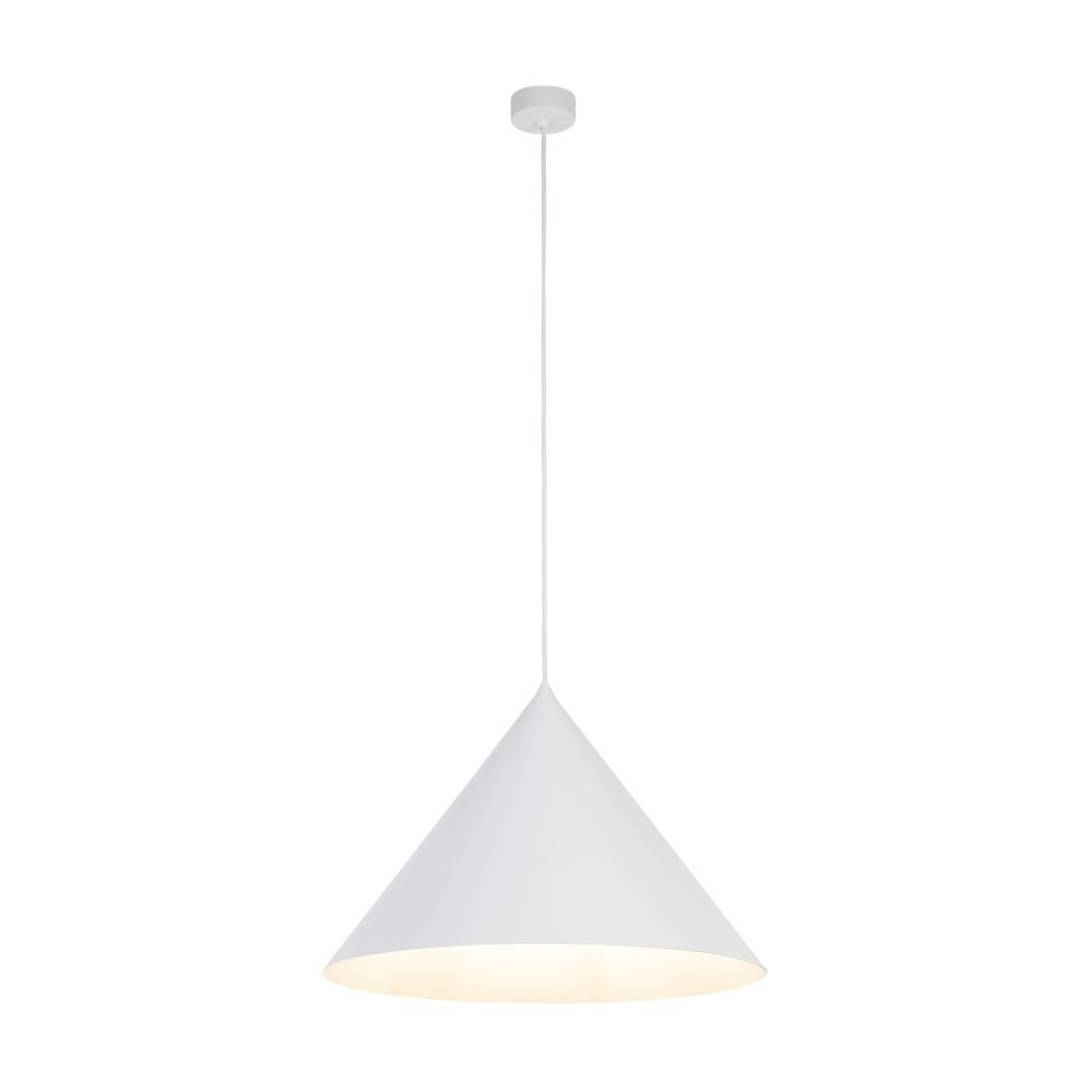 Biała lampa wisząca w kształcie stożka z regulowanym przewodem. Lampa jest nowoczesna, przeznaczona do kuchni i jadalni.