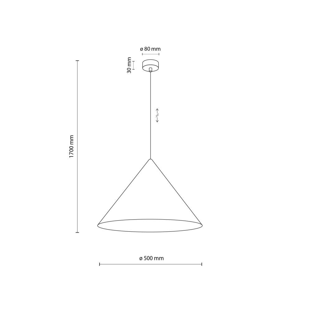 Schematyczny rysunek lampy wiszącej w kształcie stożka z wymiarami: wysokość regulowana do 1700 mm, średnica klosza 500 mm, średnica mocowania sufitowego 80 mm, wysokość mocowania 30 mm.