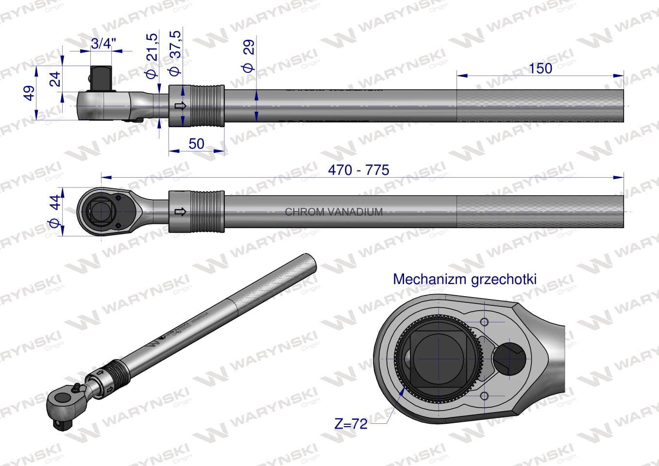 Ilustracja przedstawia teleskopową grzechotkę do nasadek z oznaczeniami wymiarów i szczegółami technicznymi. Widoczny jest napis \'CHROM VANADIUM\' oraz \'Mechanizm grzechotki Z=72\'.
