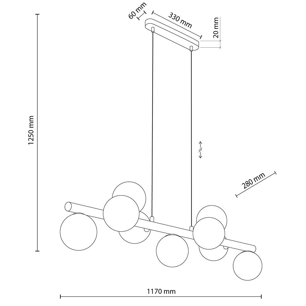 Schematyczny rysunek lampy wiszącej z dziewięcioma kulistymi kloszami rozmieszczonymi na poziomym ramieniu. Wymiary: 1250 mm wysokości, 1170 mm szerokości, 280 mm głębokości, z detalami dotyczącymi mocowania i regulacji wysokości.