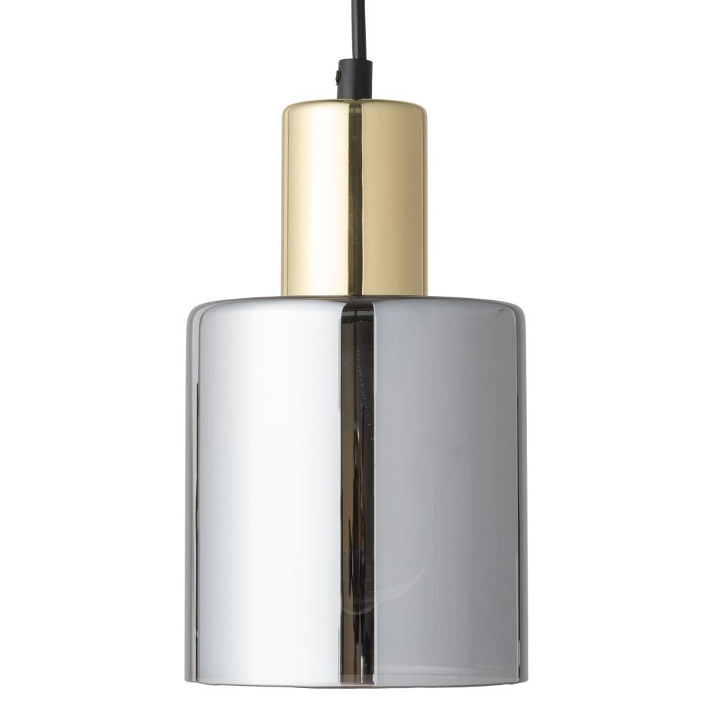 Lampa wisząca z cylindrycznym kloszem w kolorze srebrnym i złotą oprawką. Produkt wykonany z metalu, z widocznym przewodem zasilającym.