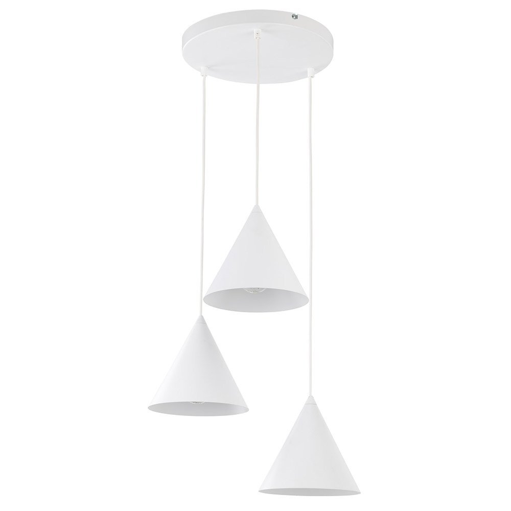 Na obrazie widoczna jest biała lampa wisząca z trzema stożkowymi kloszami zawieszonymi na przewodach. Klosze są przymocowane do okrągłej podstawy sufitowej.
