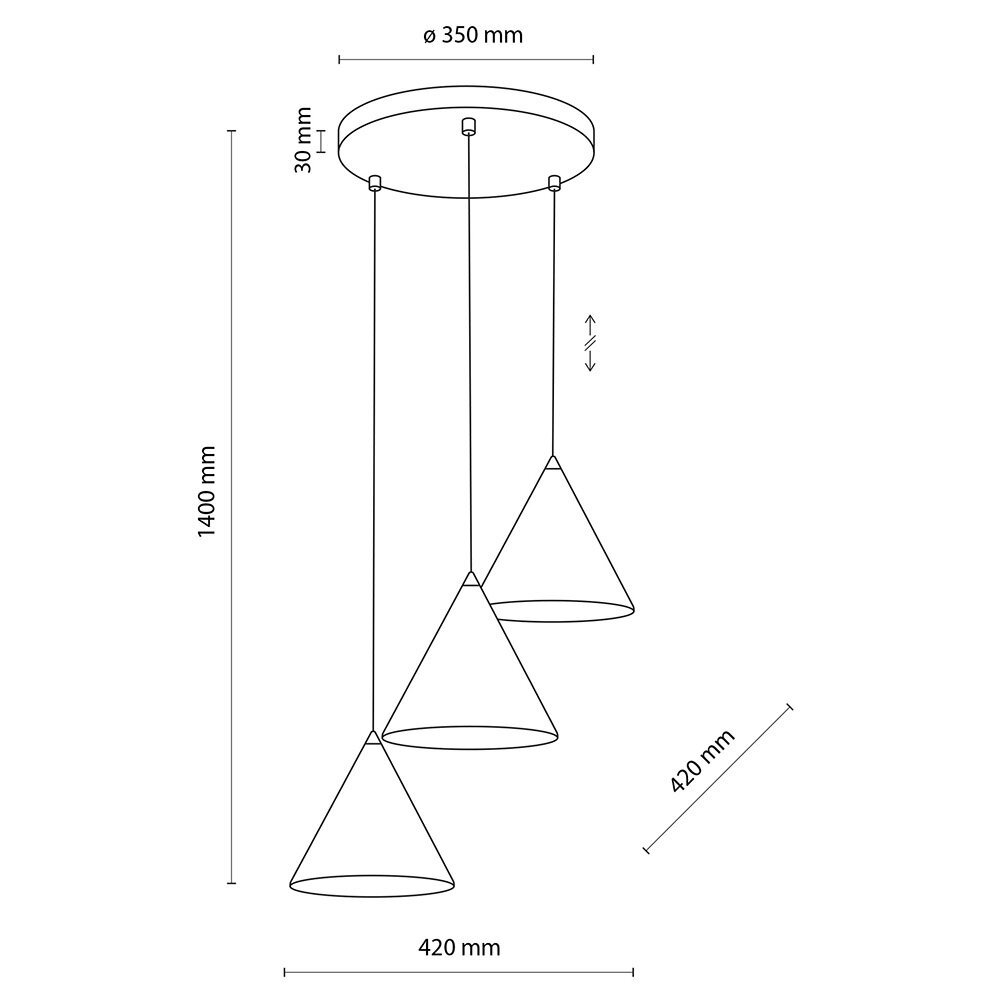 Schematyczny rysunek lampy wiszącej z trzema stożkowymi kloszami, zawieszonymi na okrągłej podstawie. Wymiary: wysokość 1400 mm, średnica podstawy 350 mm, długość klosza 420 mm.