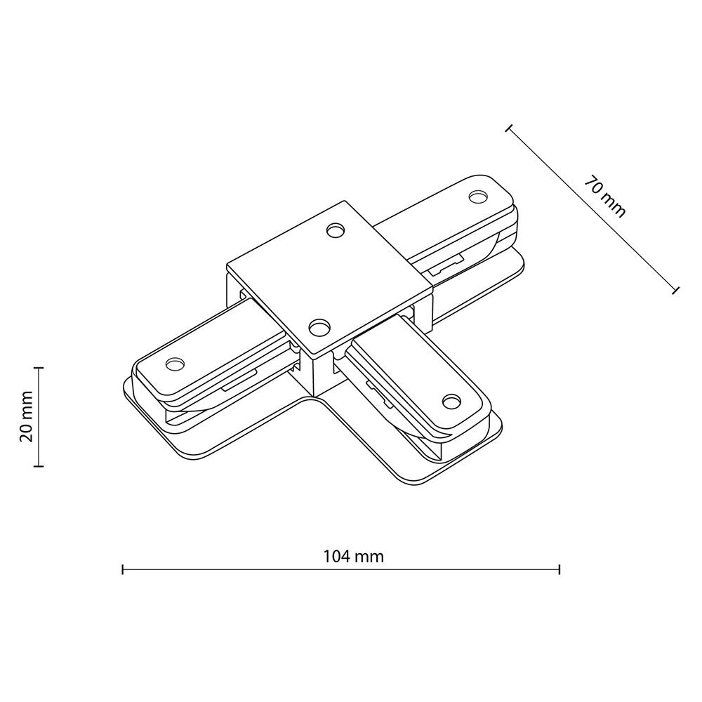 Schematyczny rysunek łącznika T do szynoprzewodu z wymiarami: 104 mm, 70 mm i 20 mm. Produkt ma kształt litery T z widocznymi otworami montażowymi.