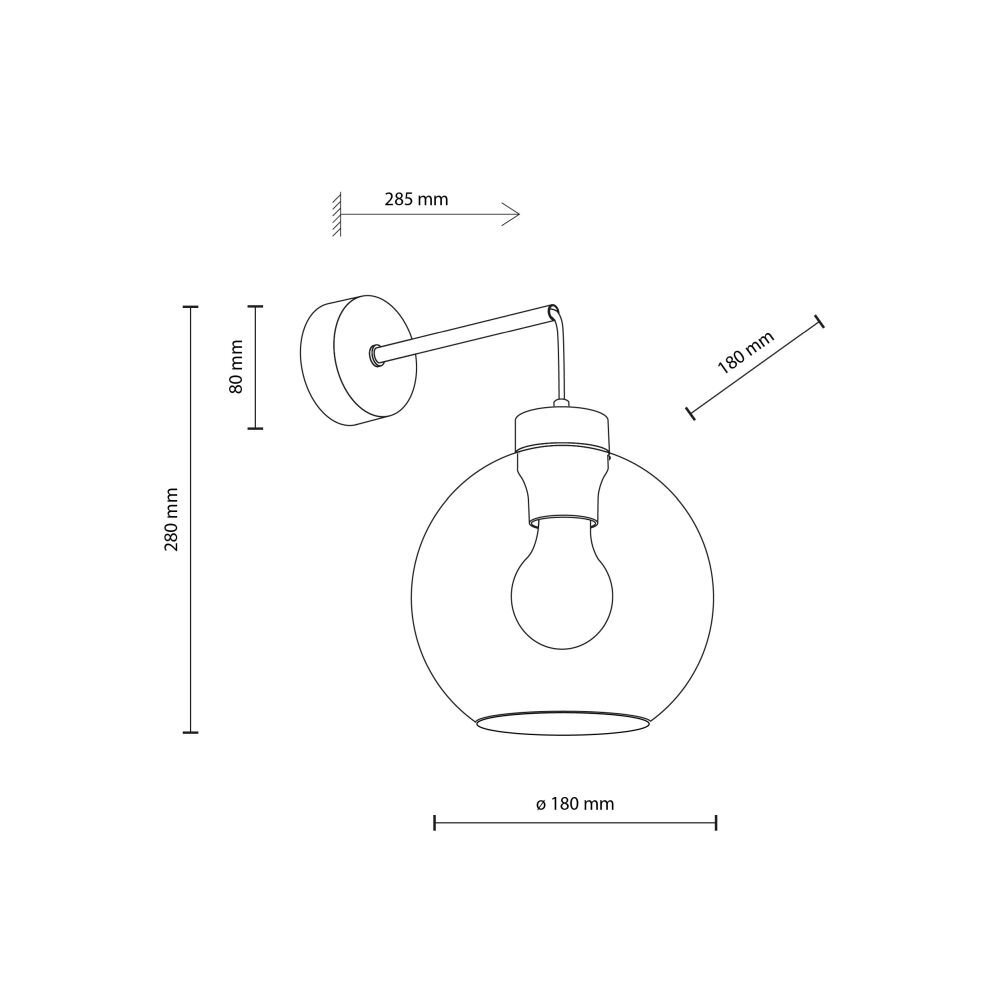 Schematyczny rysunek kinkietu ściennego z wymiarami: 285 mm długości, 280 mm wysokości, 80 mm średnicy podstawy i 180 mm średnicy klosza. Widoczna jest żarówka umieszczona wewnątrz okrągłego klosza.