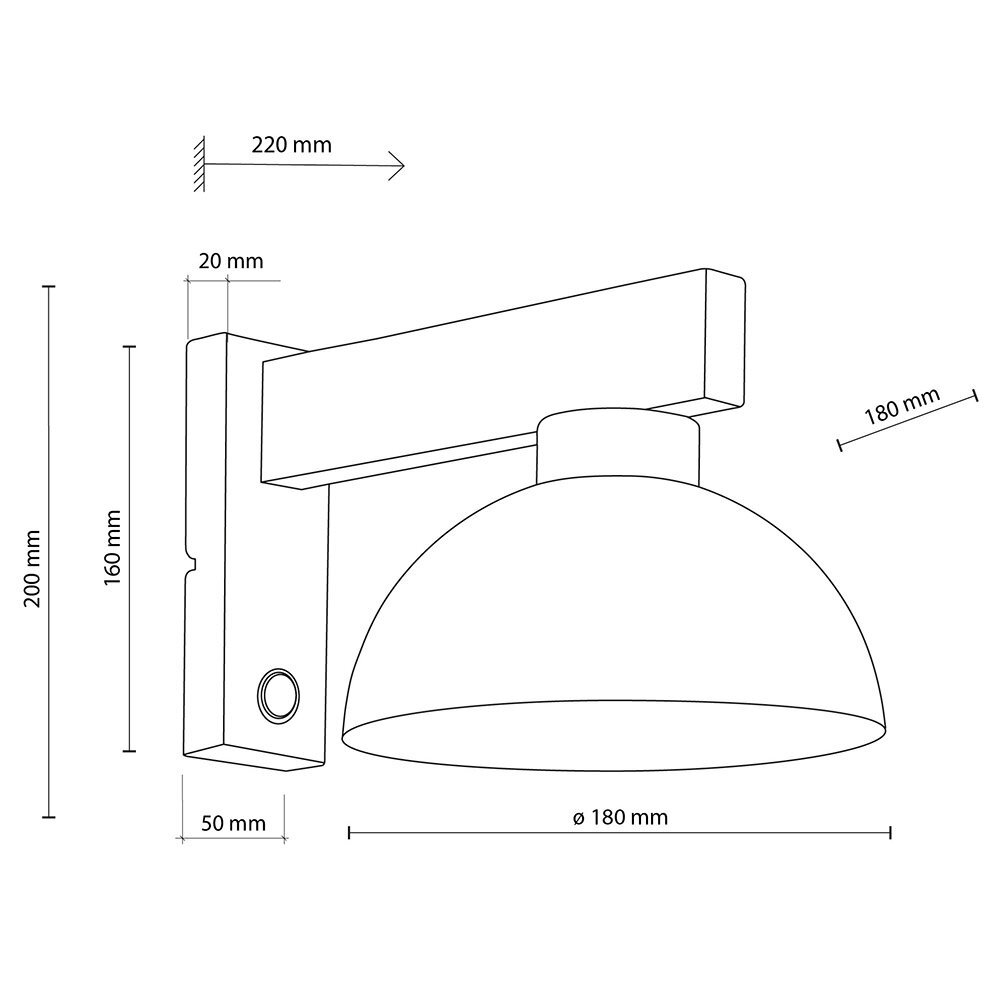 Schematyczny rysunek kinkietu ściennego z wymiarami: 220 mm, 200 mm, 160 mm, 50 mm, 20 mm, 180 mm oraz średnicą 180 mm. Kinkiet ma kształt półkuli z prostokątnym uchwytem i włącznikiem na podstawie.