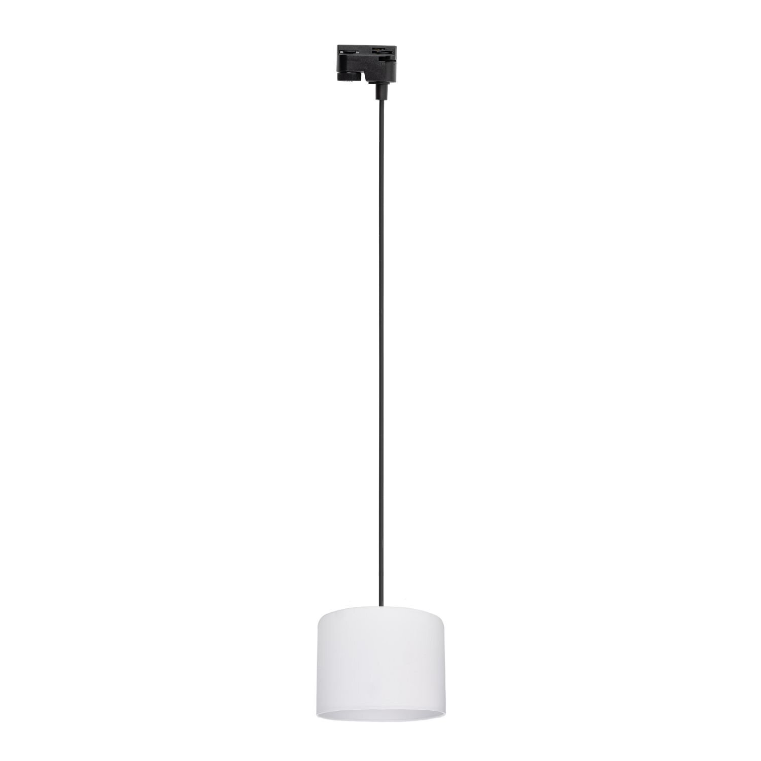 Na obrazie widoczna jest biała lampa wisząca z czarnym przewodem i prostokątnym mocowaniem sufitowym. Klosz lampy ma cylindryczny kształt.