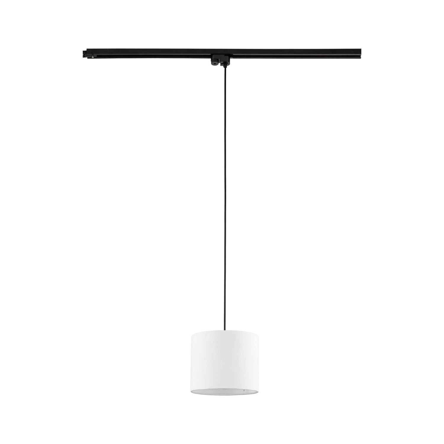 Na obrazie widoczna jest biała lampa wisząca z czarnym przewodem, zamontowana na czarnej szynie. Lampa ma cylindryczny klosz i jest zawieszona na regulowanej wysokości.