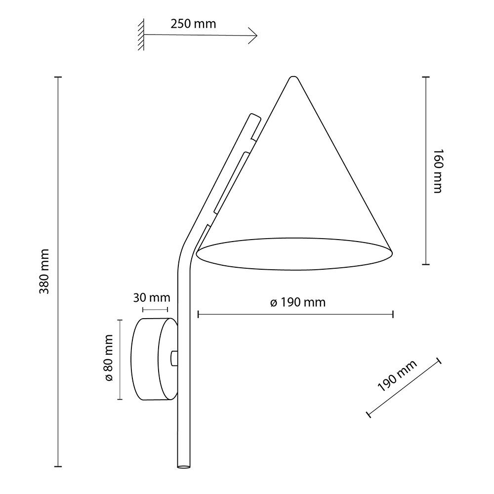 Schematyczny rysunek kinkietu ściennego z wymiarami: wysokość 380 mm, szerokość 250 mm, średnica klosza 190 mm, wysokość klosza 160 mm, średnica podstawy 80 mm, odległość od ściany 190 mm. Klosz ma kształt stożka, a podstawa jest okrągła.