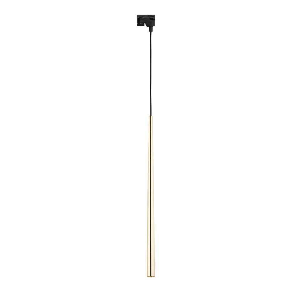 Lampa wisząca z długim, złotym kloszem i czarnym przewodem. Mocowanie jest czarne i prostokątne.