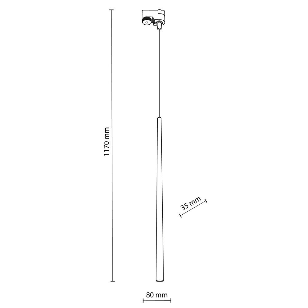 Schematyczny rysunek lampy wiszącej z wymiarami: wysokość 1170 mm, szerokość 80 mm, średnica 35 mm. Lampa ma prosty, podłużny kształt z elementem montażowym na górze.
