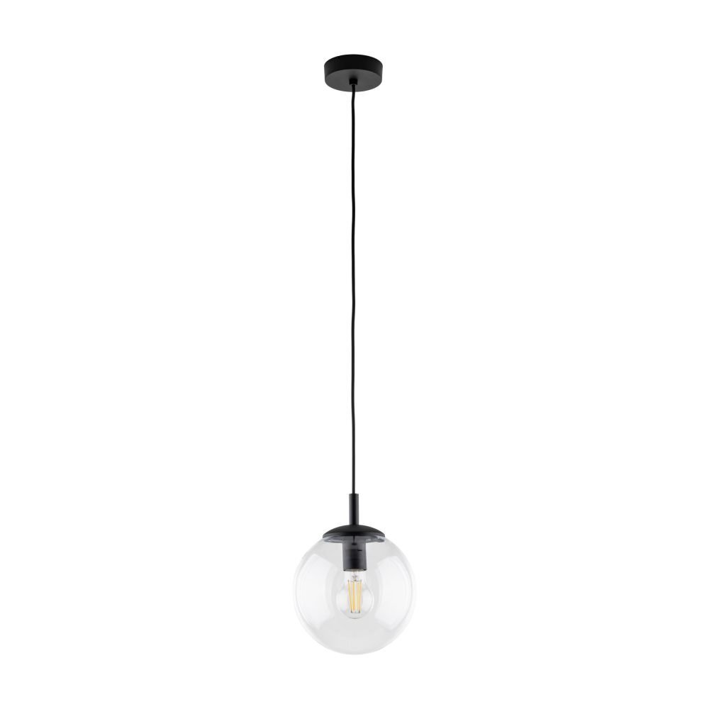 Lampa wisząca z przezroczystym, kulistym kloszem i czarnym przewodem. Widoczna żarówka wewnątrz klosza, całość zawieszona na czarnym mocowaniu sufitowym.