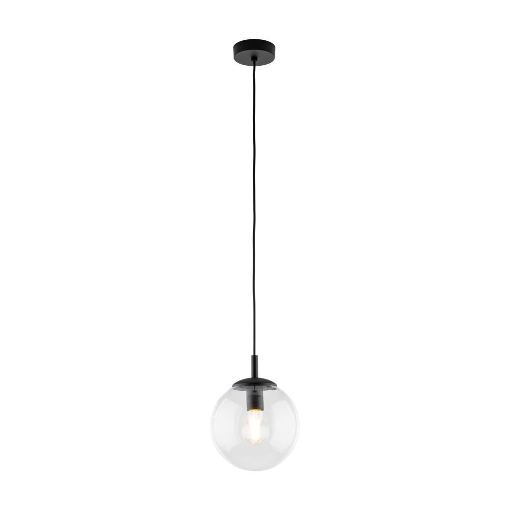 Lampa wisząca z przezroczystym, kulistym kloszem i czarnym przewodem. Klosz zawiera widoczną żarówkę, a całość jest zawieszona na czarnym mocowaniu sufitowym.