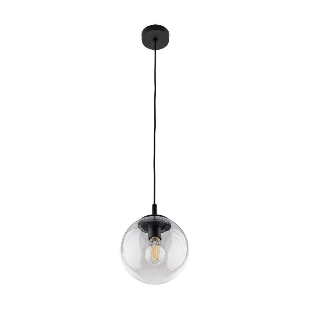 Lampa wisząca z przezroczystym, kulistym kloszem i czarnym mocowaniem. Żarówka widoczna wewnątrz klosza, zawieszona na czarnym przewodzie.