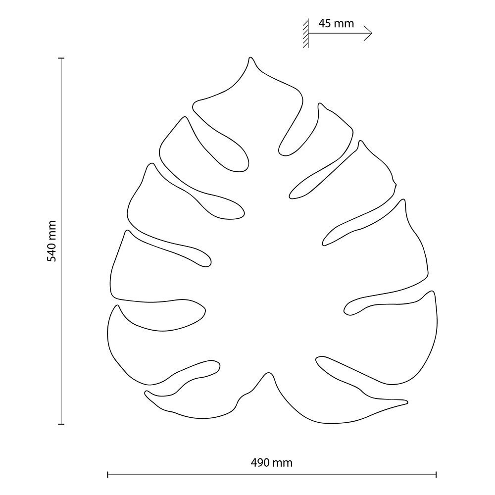 Schematyczny rysunek liścia z wymiarami: wysokość 540 mm, szerokość 490 mm, głębokość 45 mm.
