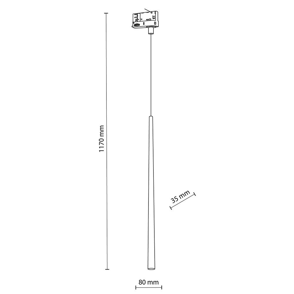 Schemat techniczny lampy wiszącej z wymiarami: wysokość 1170 mm, szerokość 80 mm, średnica 35 mm. Widoczny jest prosty kształt lampy z elementem montażowym u góry.