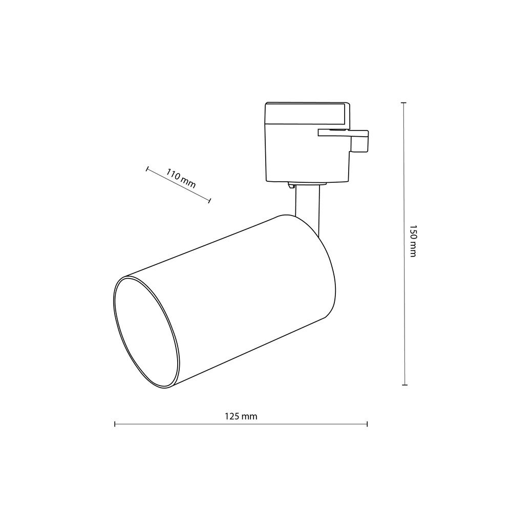 Schematyczny rysunek reflektora szynowego z wymiarami: 110 mm, 125 mm i 150 mm. Reflektor ma cylindryczny kształt i jest zamocowany na prostokątnej podstawie.