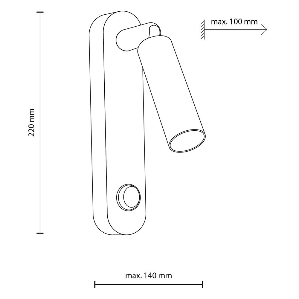 Schematyczny rysunek kinkietu ściennego z wymiarami: wysokość 220 mm, maksymalna głębokość 100 mm, maksymalna szerokość 140 mm. Kinkiet ma cylindryczny klosz i okrągły włącznik na prostokątnej podstawie.