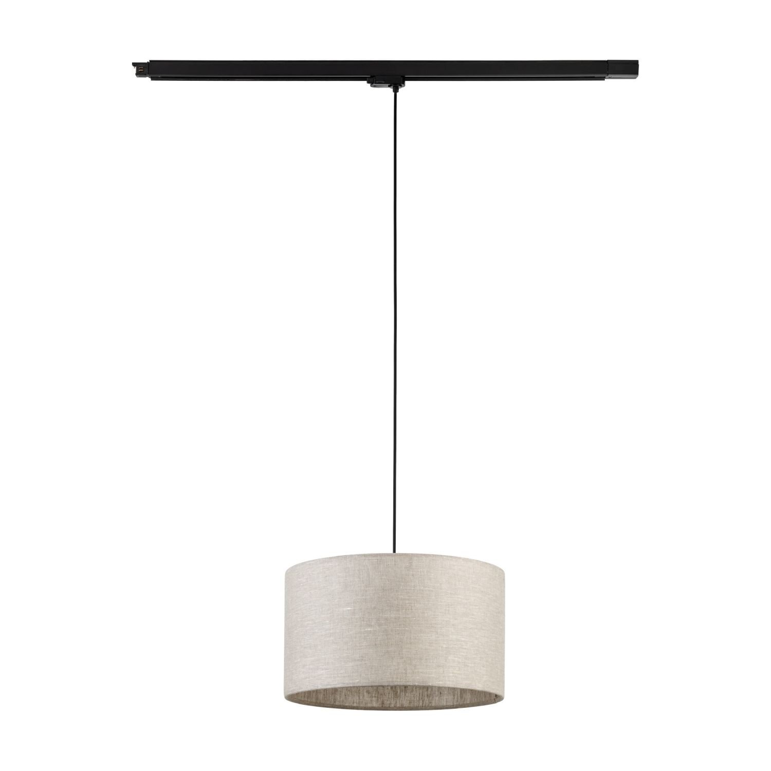 Lampa wisząca z czarną szyną i beżowym abażurem w kształcie walca, zawieszona na cienkim czarnym przewodzie. Produkt umożliwia regulację wysokości do 170 cm.